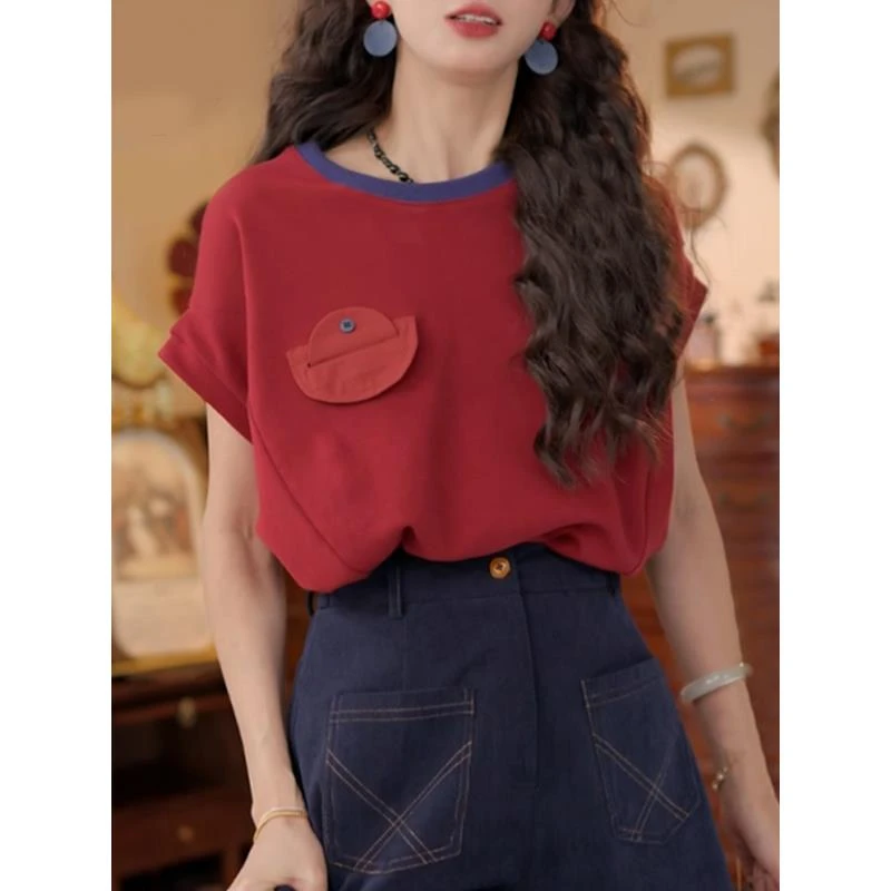 高级感安哥拉红色正肩短袖t恤女装夏季2025新款上衣爆款女士体恤