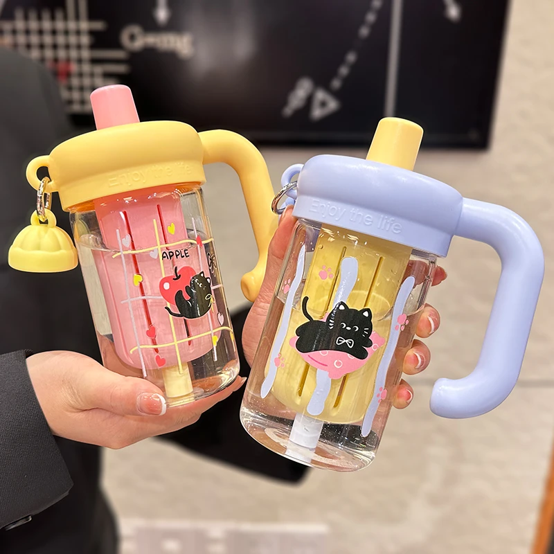 猫咪玻璃杯女生高颜值吸管水杯爆款2025最新款带手柄办公室泡茶杯