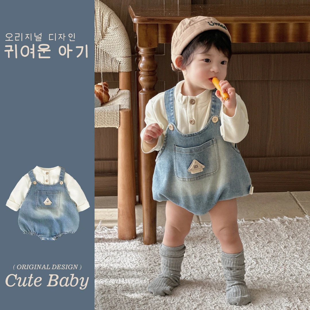 2025年春季新品韩版宝宝连体衣字母牛仔洋气婴儿长袖包屁衣两件套