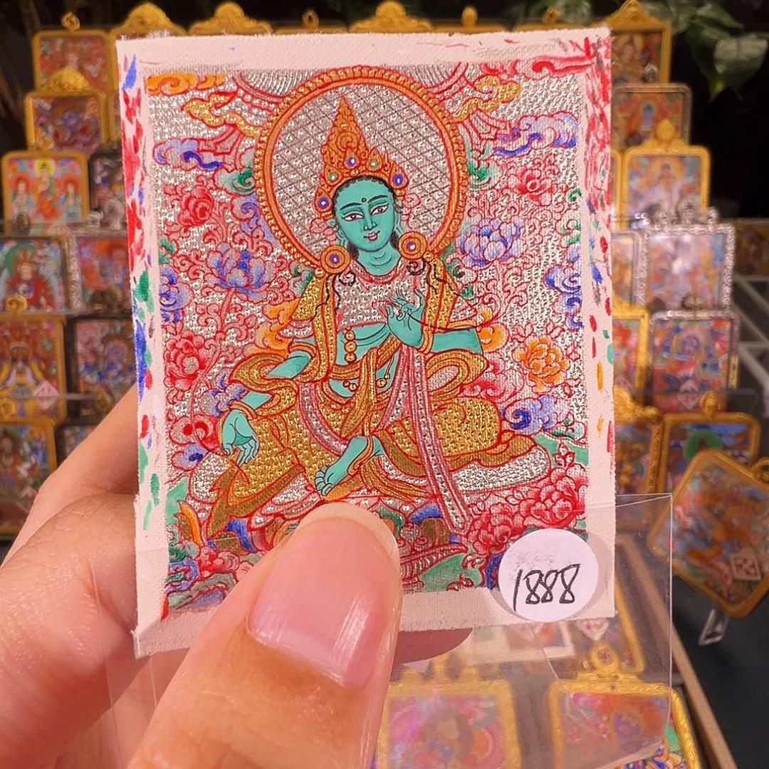 吊坠绿度母热贡纯手绘唐卡金银唐