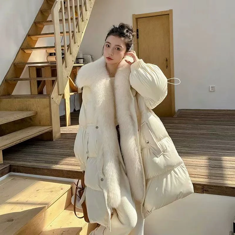 短外套网红白色时尚加厚韩版大毛领气质百搭女士宽松潮流收腰保暖