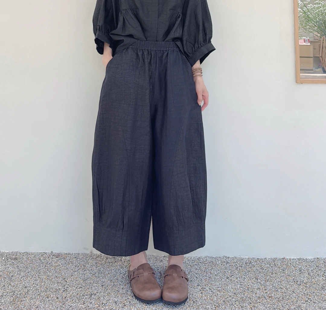 夏款高端香云纱龟纹真丝休闲裤蓝龟双面穿休闲洋气桑蚕丝阔腿裤女