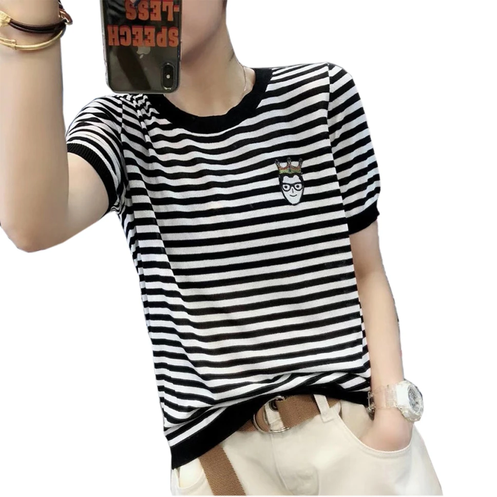 韩版时尚百搭条纹短袖T恤上衣女大码圆领卡通人物冰丝针织衫T洋气