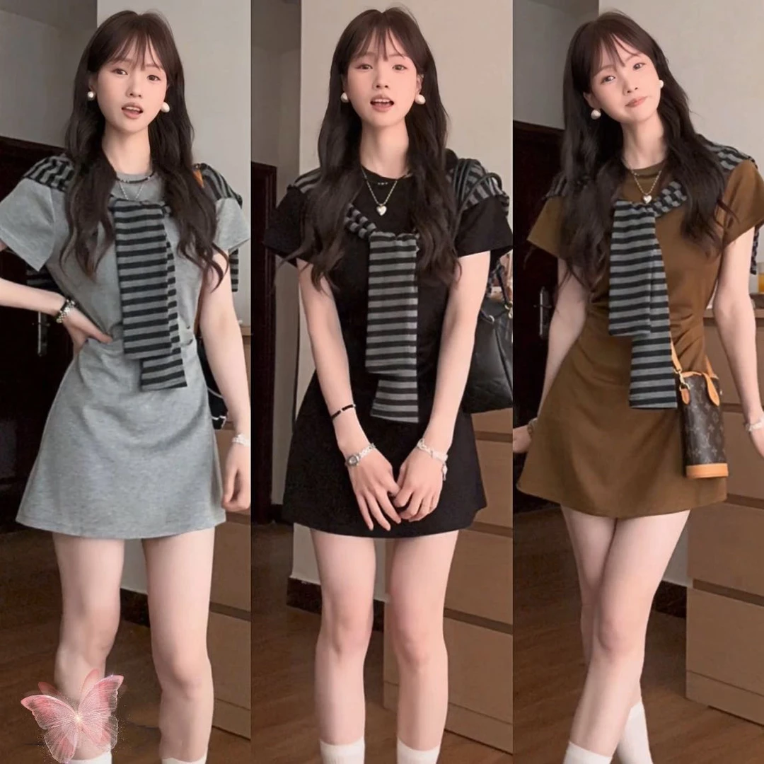 韩系chic极简风学院风显瘦收腰夏季短袖圆领连衣裙+披肩1611#0.1