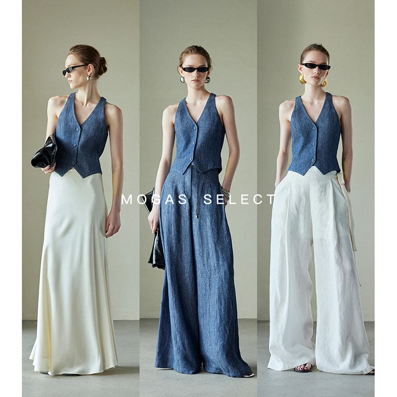 Mogas【达人4色】原创重工纯亚麻时髦显瘦v领工字背心老钱风套装