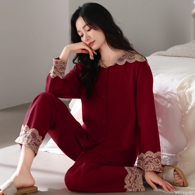 睡衣女款爆款2025新款长袖长裤纯棉套装春秋红色蕾丝本命年家居服