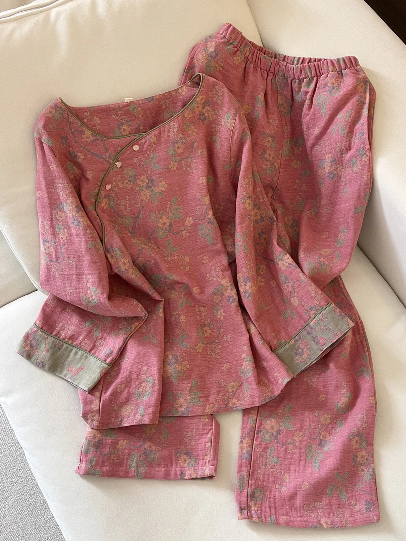 【DMXJ大梦想家】新中式国风植物花卉印花睡衣女早秋宽松奢华家居服