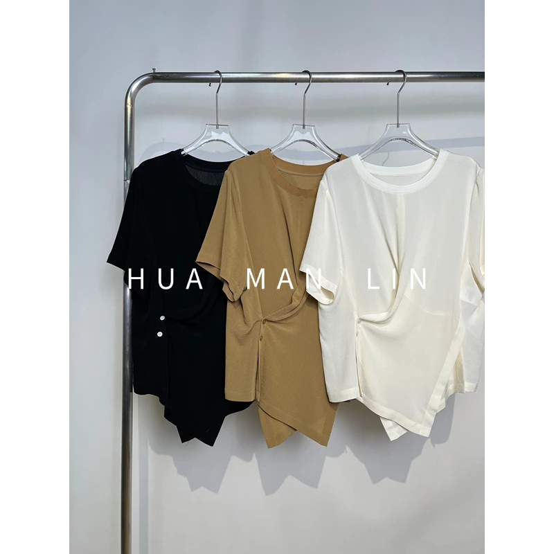 【花满林】三色圆领螺纹设计扣不规则下摆鬼绉真丝桑蚕丝上衣259399