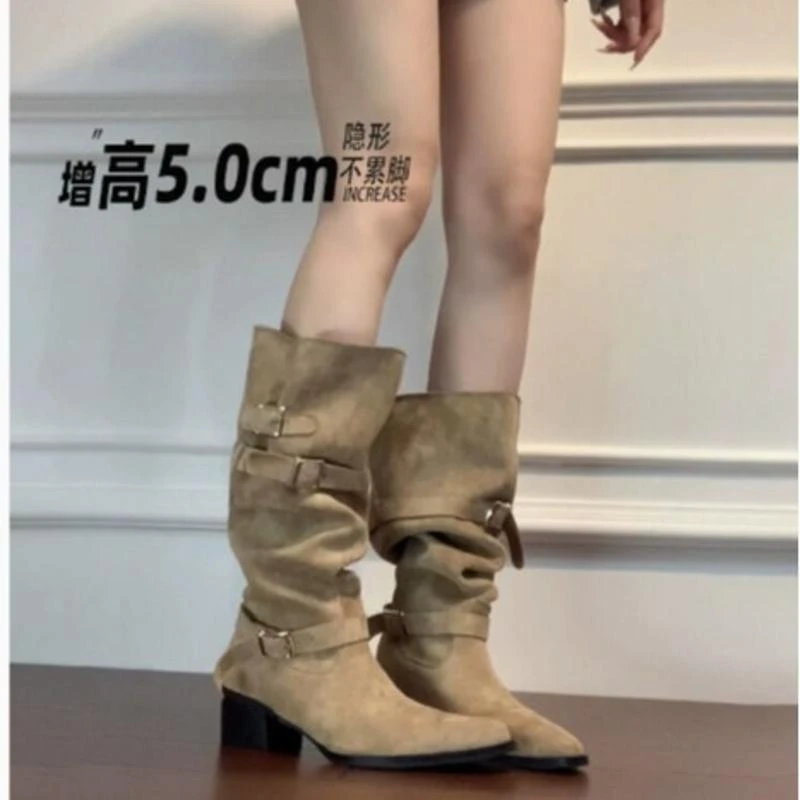牛皮版~粗跟百搭复古长筒靴女皮带扣褶皱堆堆靴高筒西部牛仔靴子