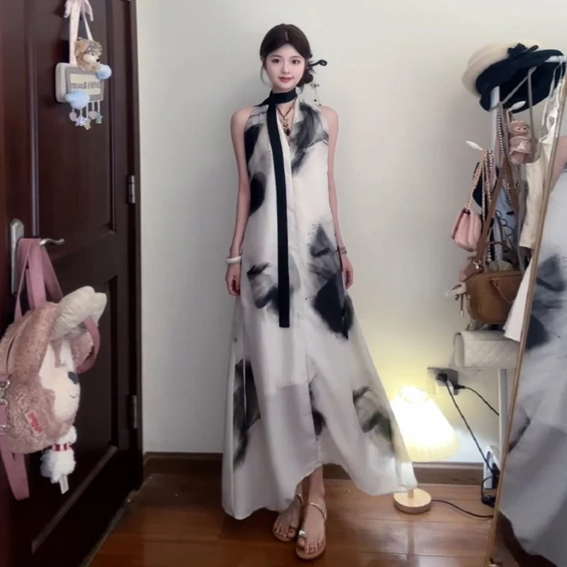 法式无袖连衣裙子女装夏季2025年新款国风水墨洋气漂亮度假风长裙