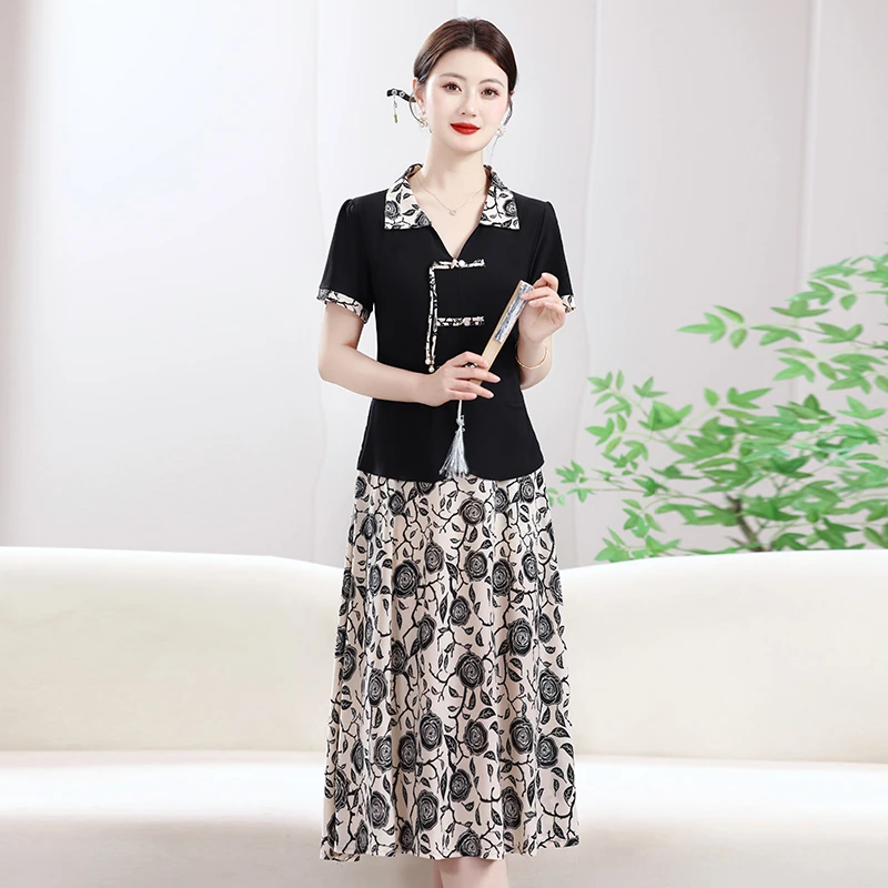 新款妈妈装连衣裙时尚洋气夏季短袖中老年女装假两件显瘦大码裙子