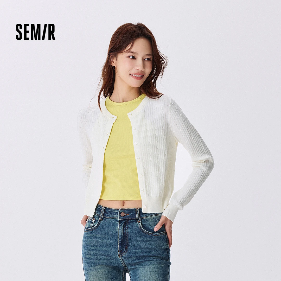 森马针织开衫女短款绞花修身内搭打底休闲秋季简约圆领衣服甜美风