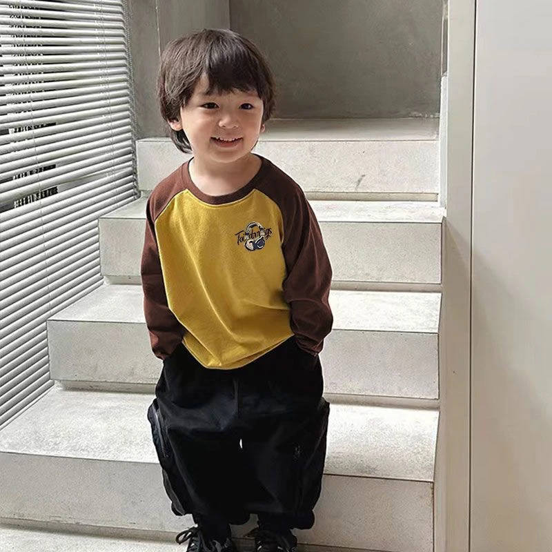 男女童拼接长袖上衣春秋季洋气休闲时尚圆领中小童100%纯棉打底衫