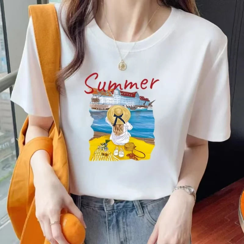 12345纯棉春夏印花休闲百搭圆领时尚潮纯棉简约白情侣装——女孩