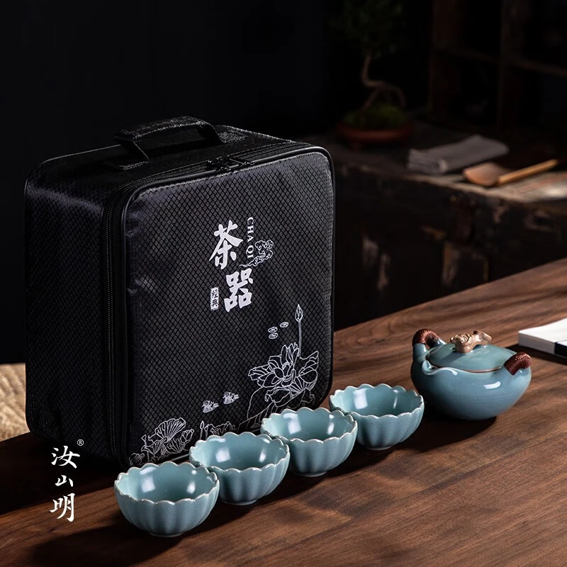 如意便携车载茶具套装汝窑陶瓷户外泡茶一壶四杯茶盘功夫茶具