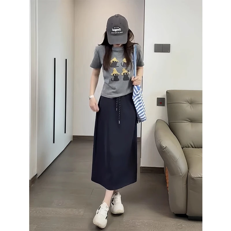 夏季穿搭一整套卡通印花短袖T恤休闲系带半身裙时尚套装两件套女