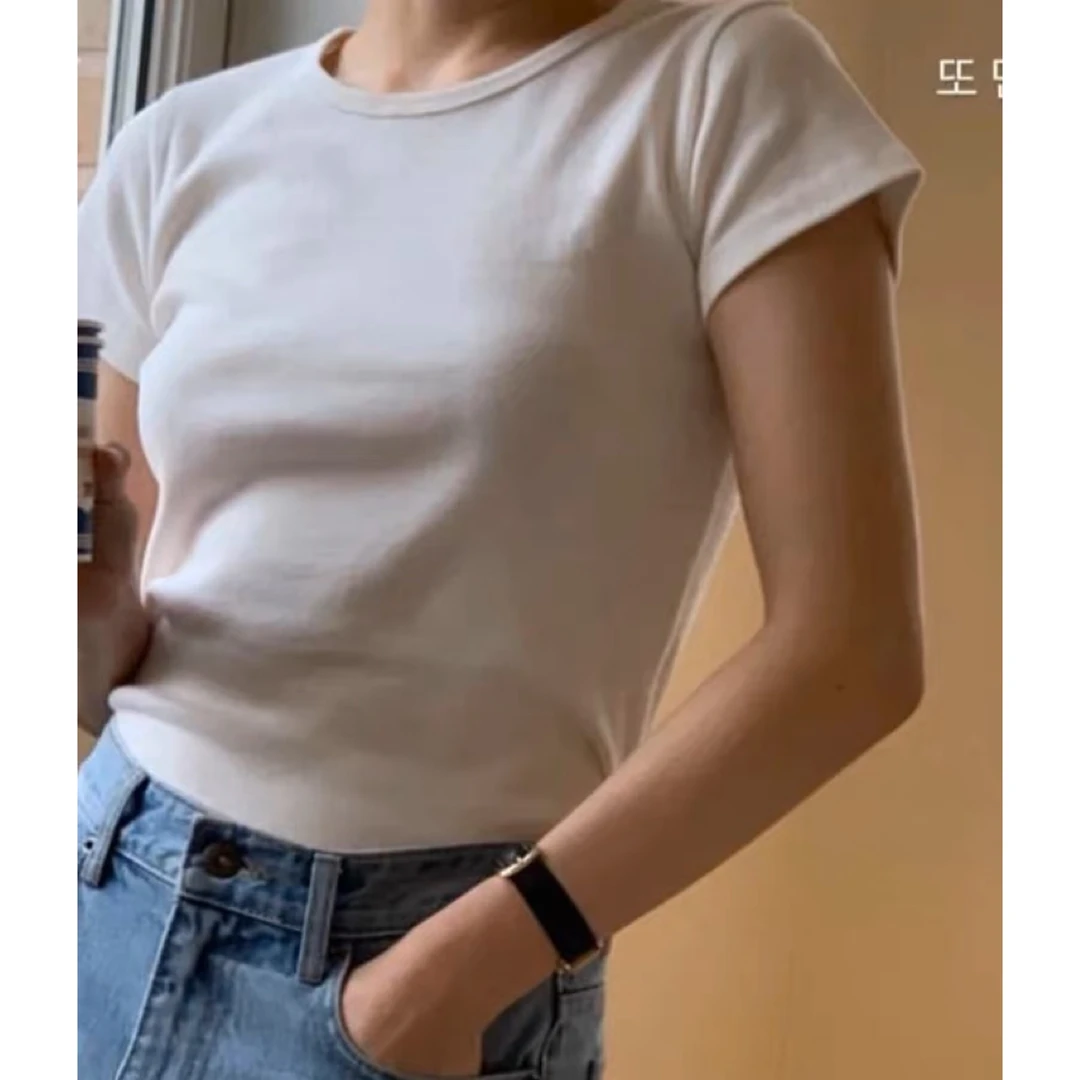 韩国小众  合身气质基础款 精梳棉质短袖T恤     B2377