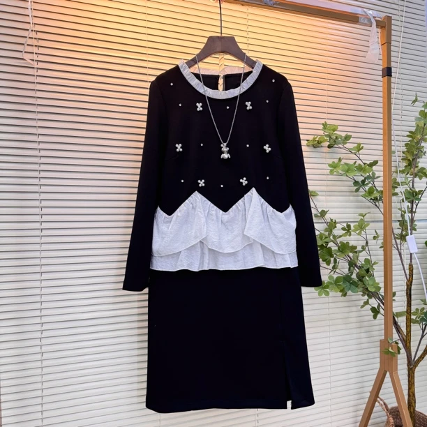 法式拼接大码重工钉珠设计感宽松显瘦时尚连衣裙蕾丝小香风轻奢