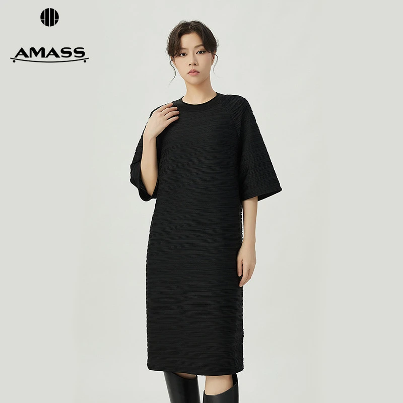 阿玛施AMASS时尚新款绵羊毛高质感圆领短袖纯色连衣中裙女5500520