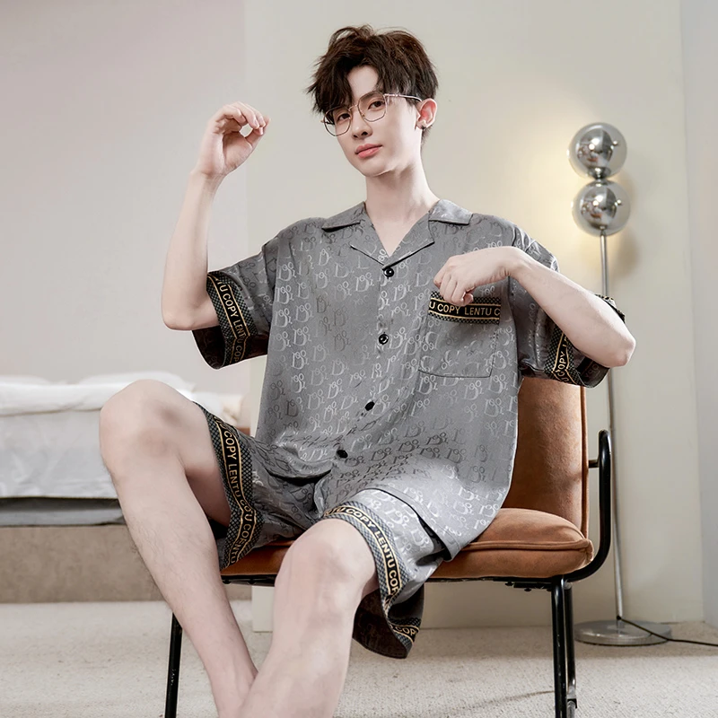 睡衣男夏季短袖冰丝薄款休闲青少年夏天男士高档加大码家居服套装
