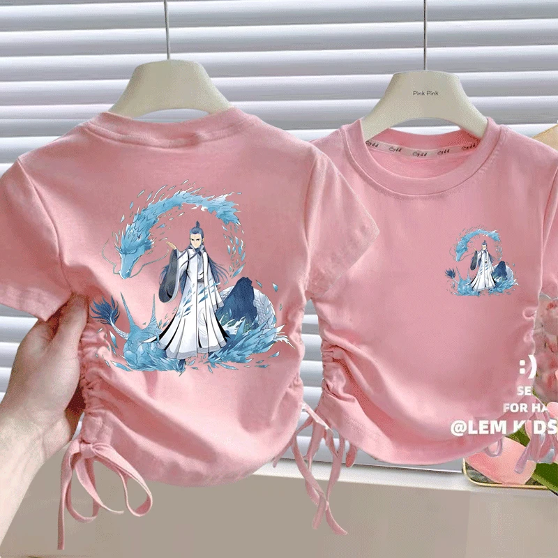 敖丙夏季女童纯棉t恤新款短袖女童宝宝洋气抽绳设计百搭上衣半袖t