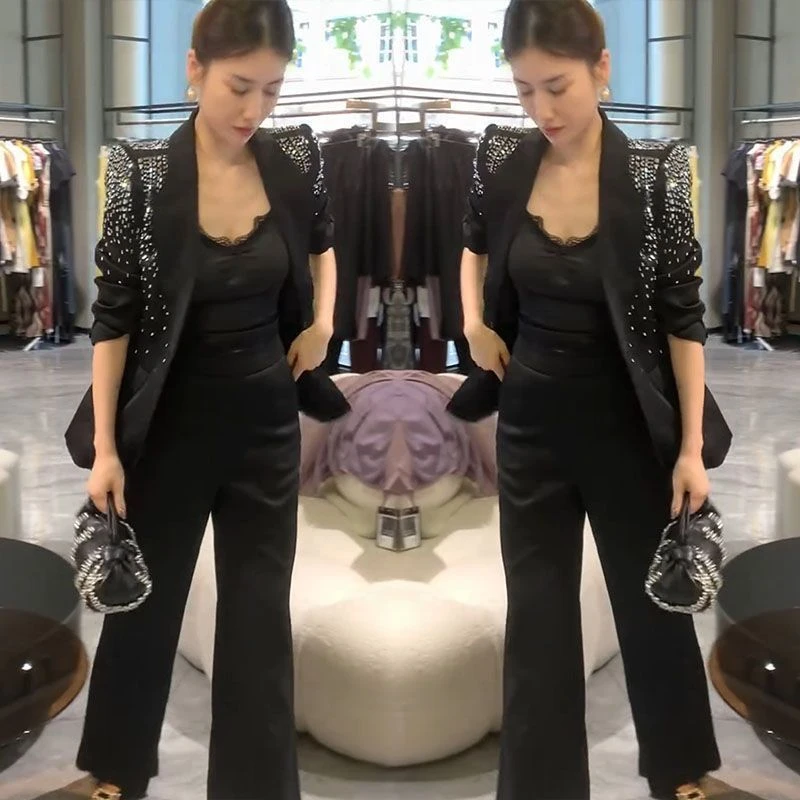 80225秋新款轻奢镶钻西装裤子套装高级重工职业西服阔腿裤两件套