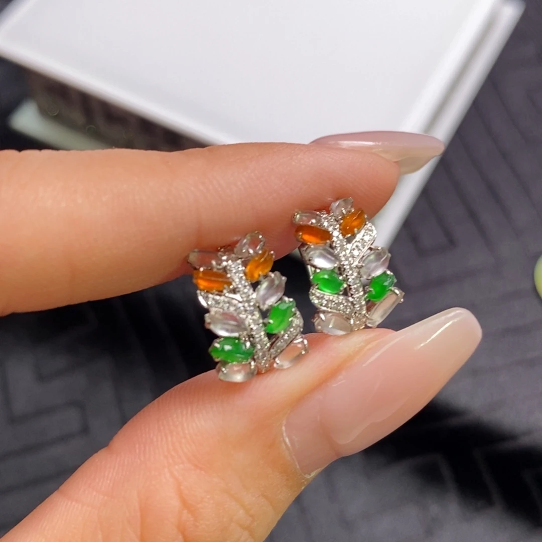 18K金镶嵌翡翠耳饰随形麦穗设计耳包