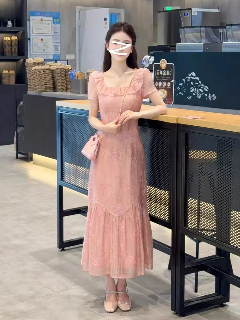 627-3#夏季新款荷叶边方领法式甜美显瘦粉色鱼尾连衣裙