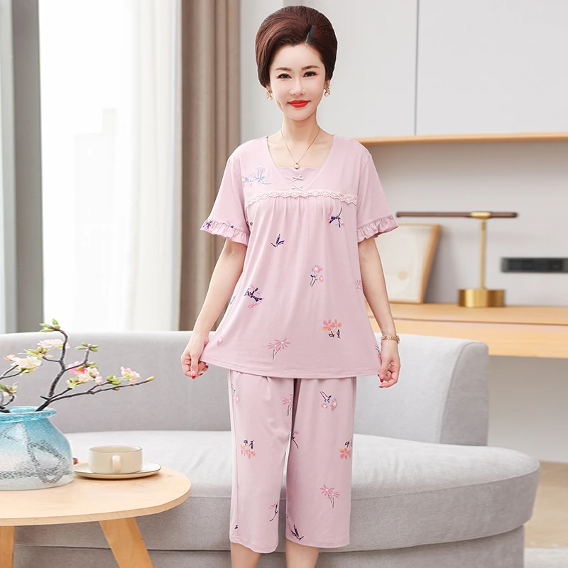 夏季宽松短袖棉七分裤2025睡衣女凉感薄款莫代尔家居服套装可外穿
