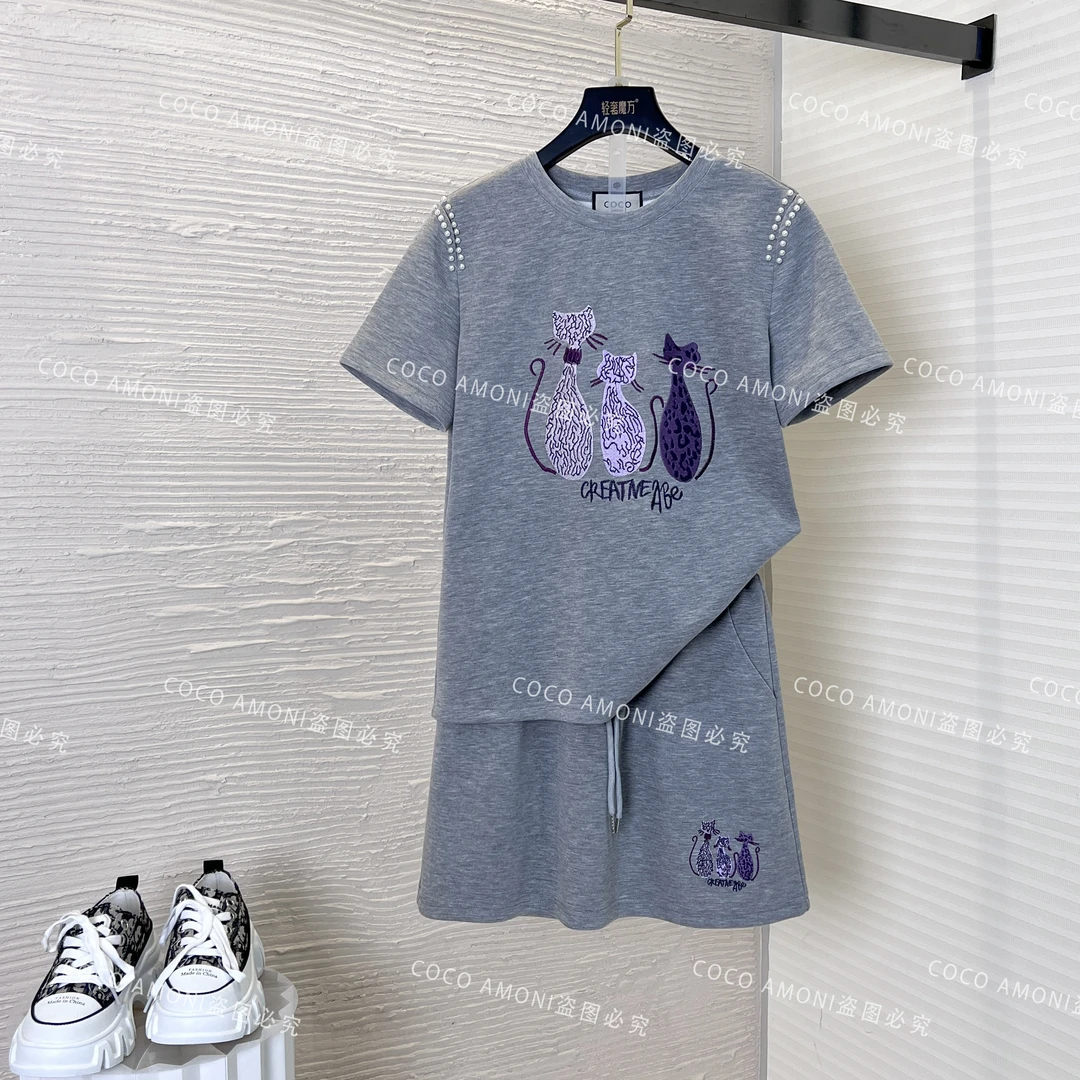 时尚高级感气质女装拼接重工刺绣小猫显瘦套装ZC545