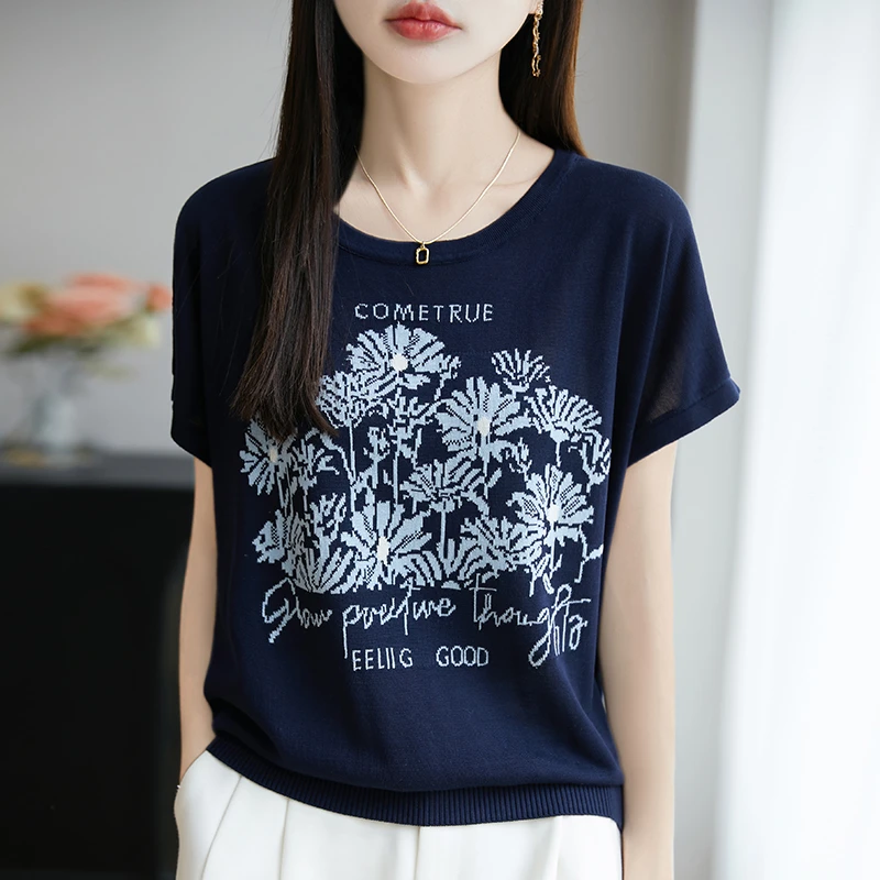 素色提花！100%莱赛尔天丝~夏季针织短袖t恤女2025新款薄款上衣