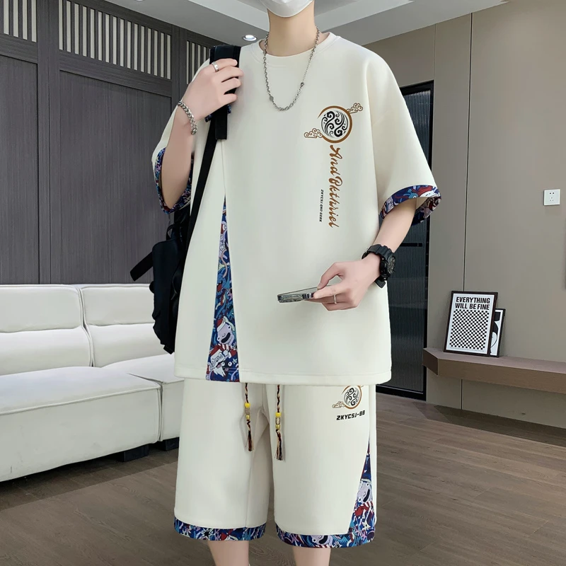 潮森罗夏季新款品牌休闲渐变冰感面料短袖短裤夏季百搭运动青少年