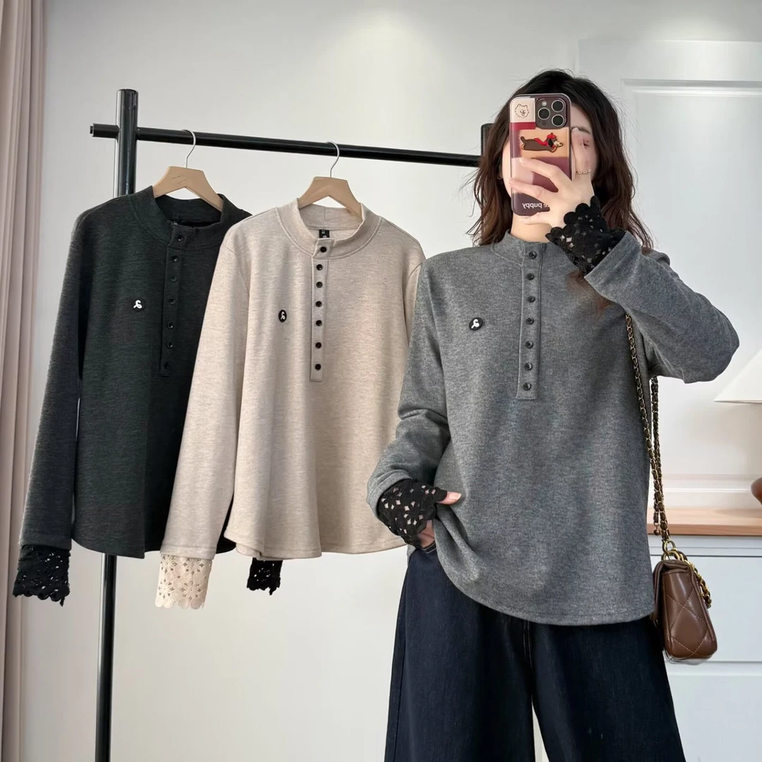 大码胖mm花边袖口加绒保暖打底衫女秋冬气质显瘦内搭绒衫上衣968