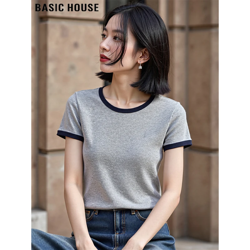 Basic House/百家好韩系正肩拼色圆领短袖T恤女夏季修身螺纹体恤