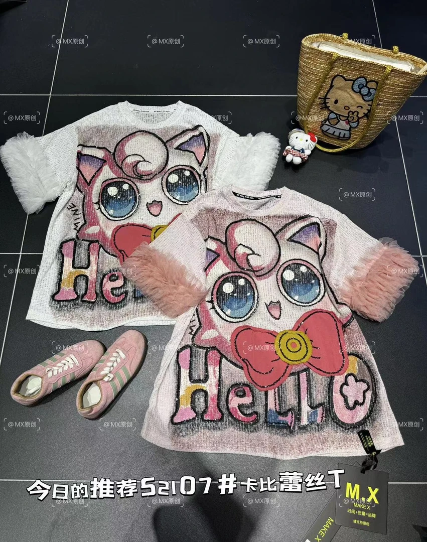 mx网红潮流烫钻夏季圆领半袖短袖卡通短款T恤亮片小猫蕾丝T52107