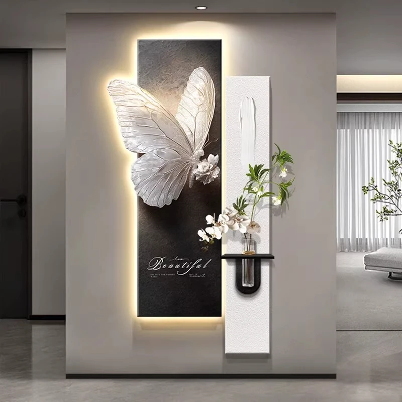 轻奢蝴蝶入户正对门玄关装饰画水培绿植客厅走廊过道挂画简约现代