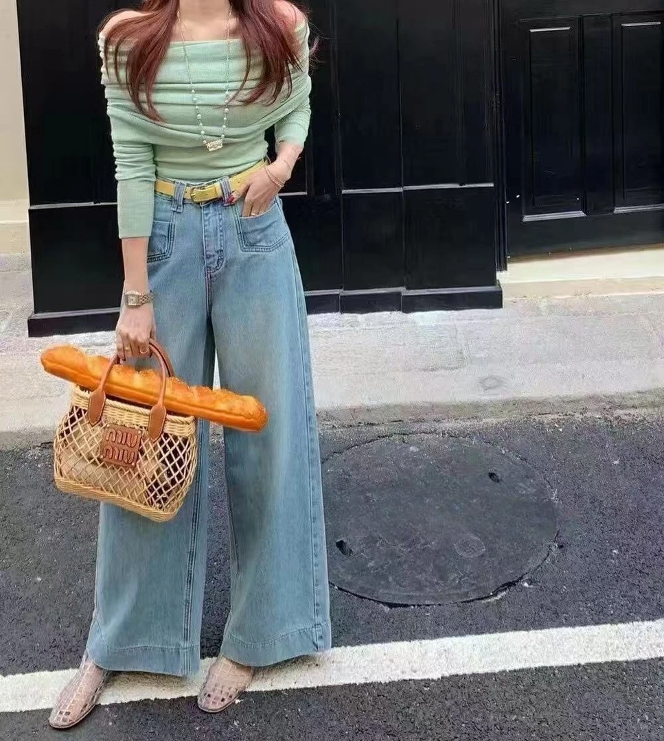 Manmi 复古水洗口袋设计牛仔阔腿裤 9127（K2）