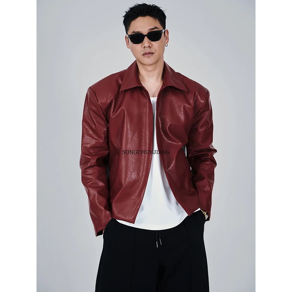 宋春江同款 大牌高级感翻领PU皮衣廊形短外套显肩宽小众设计师款