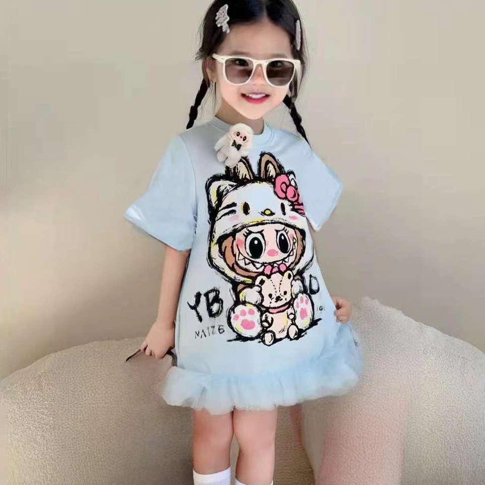 网纱拼接可爱T恤裙女宝宝夏季鱼尾裙短袖公主裙子卡通儿童连衣裙