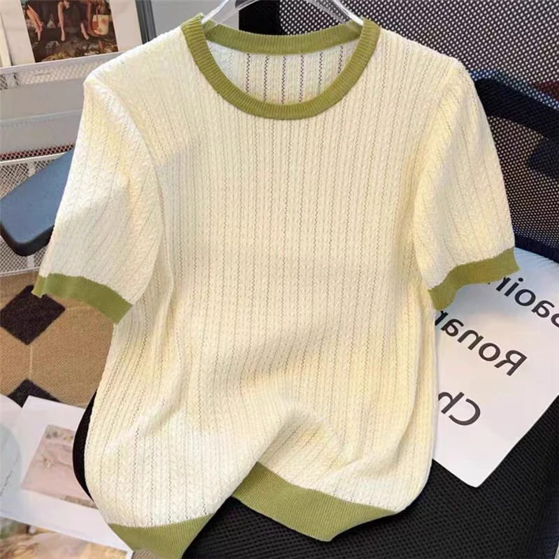 【小雯家】2025新款圆领拼色针织短袖