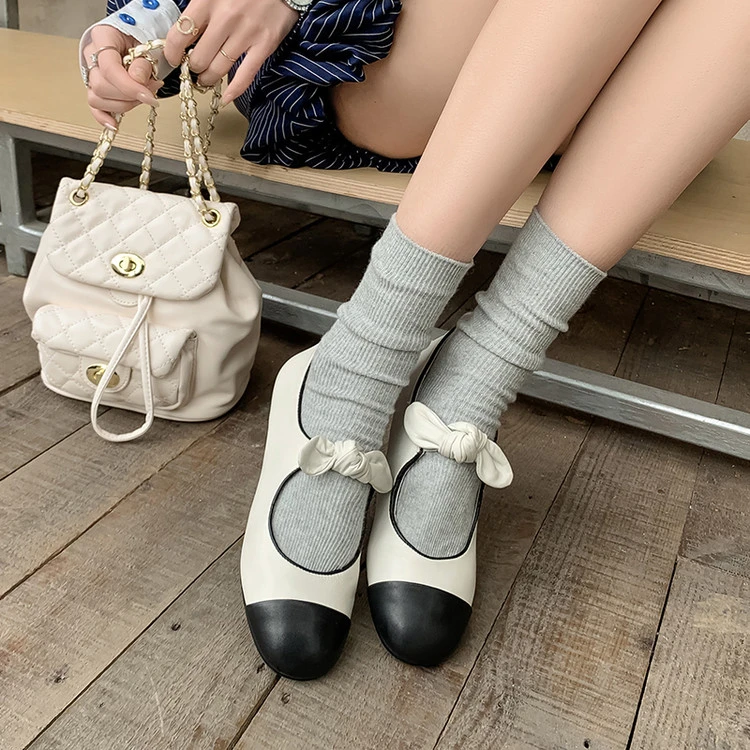 小香风蝴蝶结平底玛丽珍鞋女2025新款法式小众温柔拼色圆头奶奶鞋