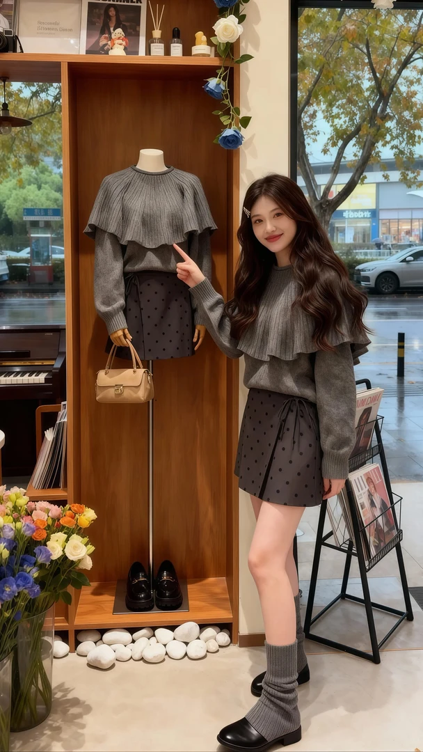 韩系复古斗篷披肩套头毛衣女秋冬新款波点半身裙两件套