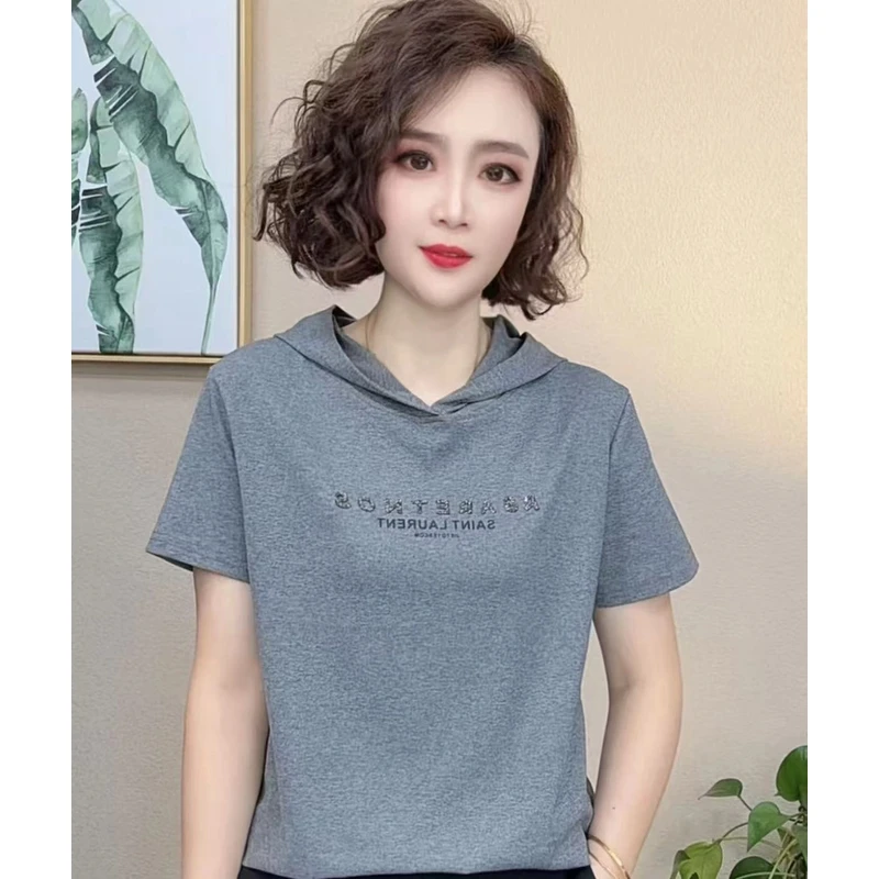 2025新品时尚洋气百搭连帽短袖女士气质T恤上衣#1365