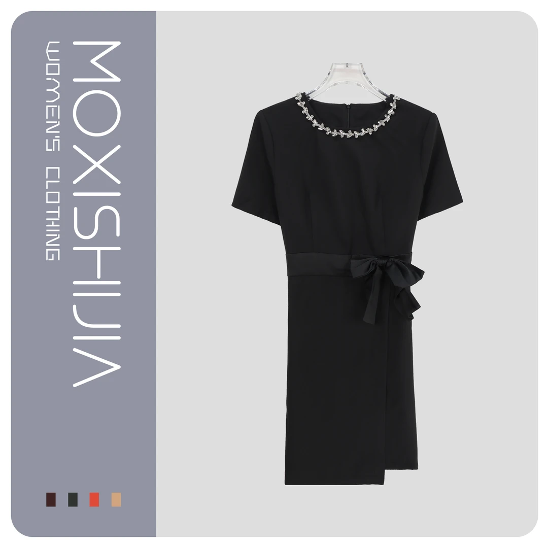 时尚名媛气质设计感重工镶钻圆领系带短袖连衣裙S910