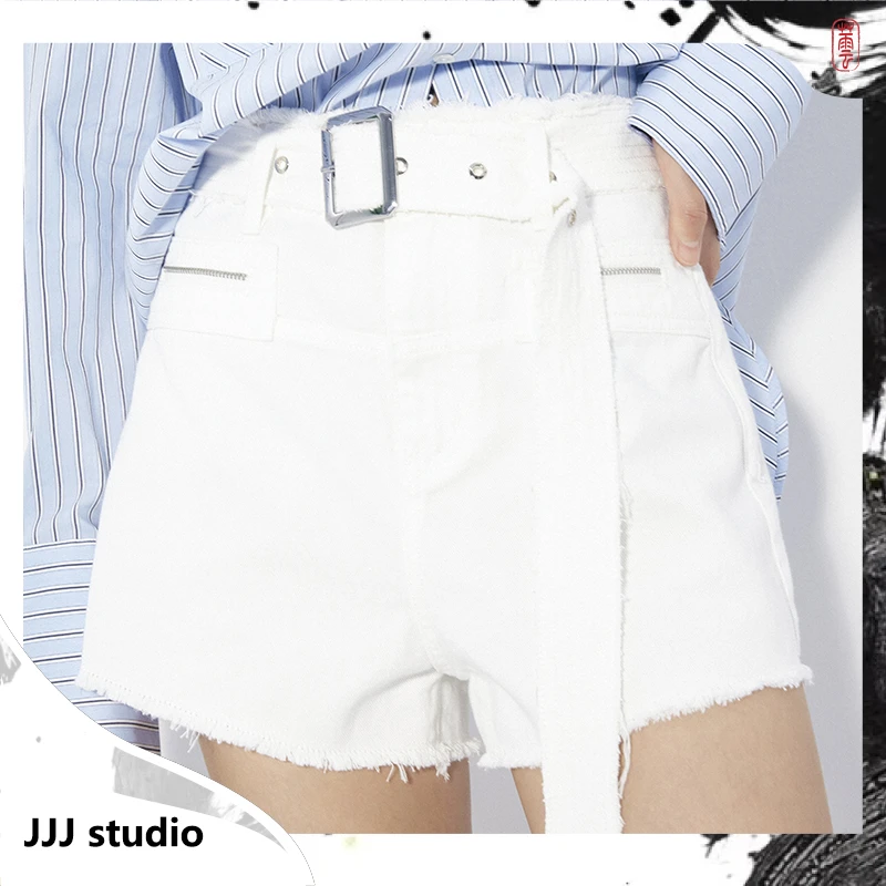 JJJ STUDIO白色/黑色朋克风高腰毛边设计短裤女配：腰带JUWFS1D038