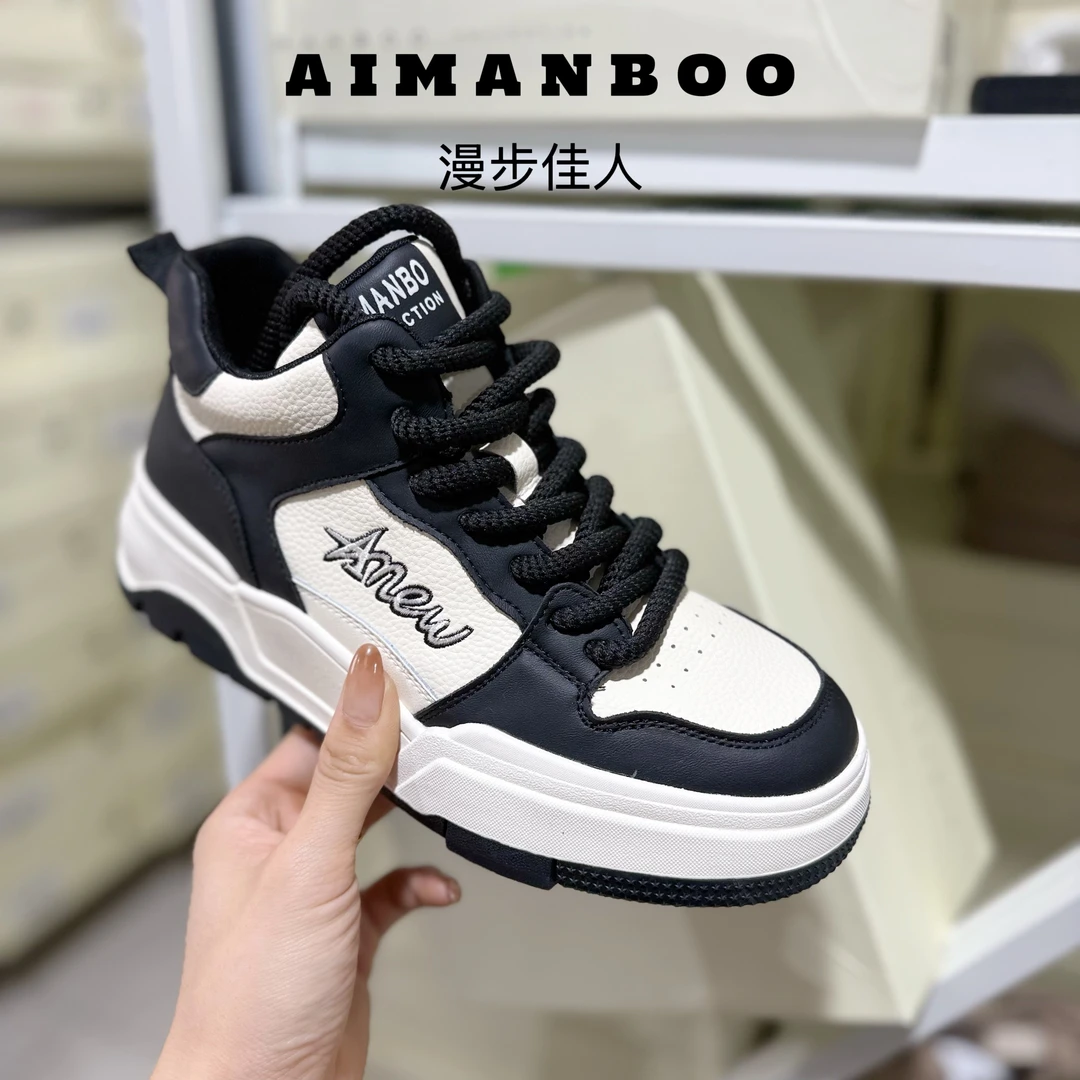 【漫步佳人】2521 93639高帮鞋中国风秋季黑白女士平跟夏季休闲风圆