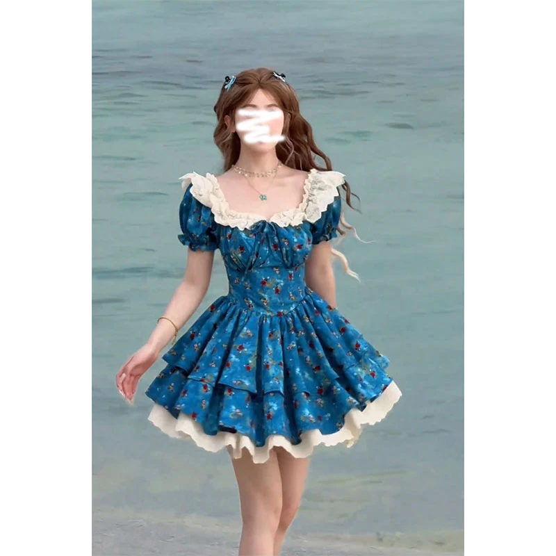 法式ins甜美风方领泡泡袖碎花连衣裙女夏收腰显瘦高级感拼接短裙