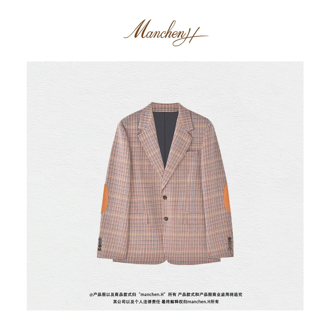 曼辰manchenh"千鸟棕忆"进口羊毛彩色千鸟格立裁拼皮西装