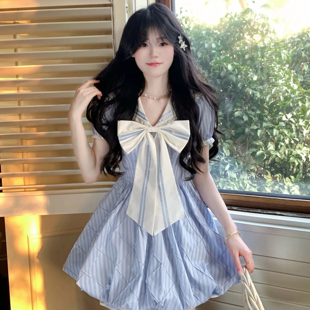 Blovelan蓝海之约 春夏清新减龄 天远蓝蝴蝶结露背连衣裙