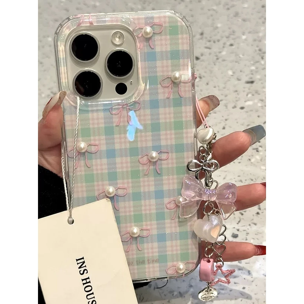 韩系格纹蝴蝶结珍珠适用苹果16手机壳iphone15promax新款14超好看